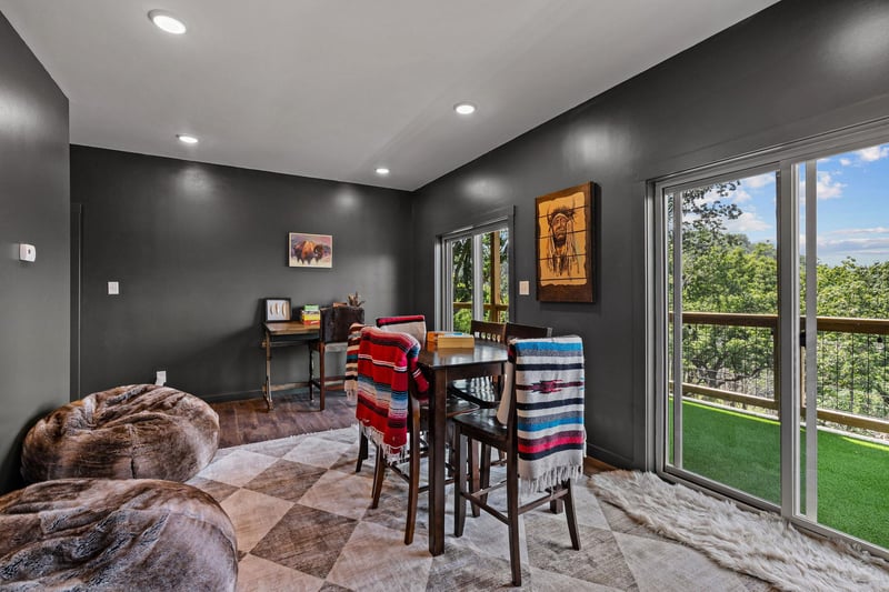 Game room table and chairs and bean bag seats