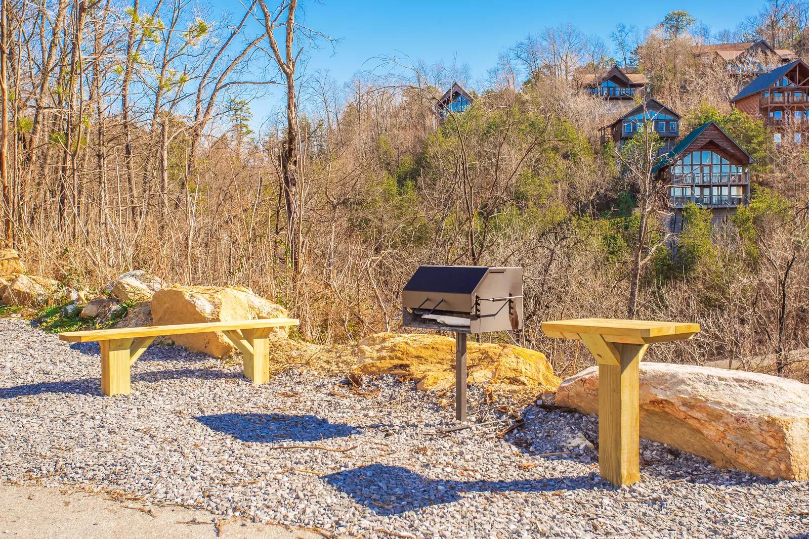 Park grill with table and bench