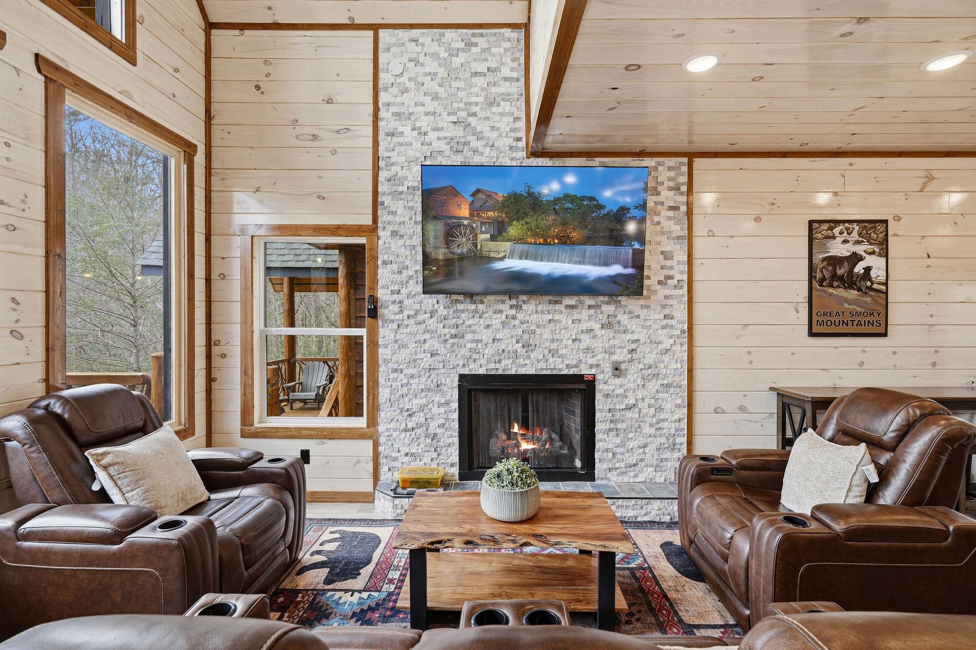 Cozy up in your mountain retreat with plush leather seating, crackling fireplace, and rustic charm.