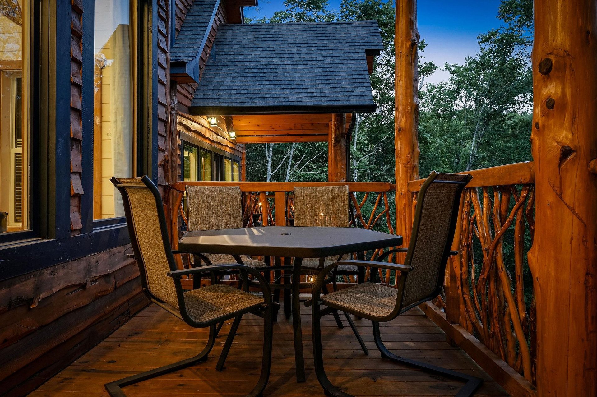Picture yourself unwinding on this private deck, surrounded by towering trees and peaceful mountain air. Perfect for your morning coffee or evening stargazing under the open sky.