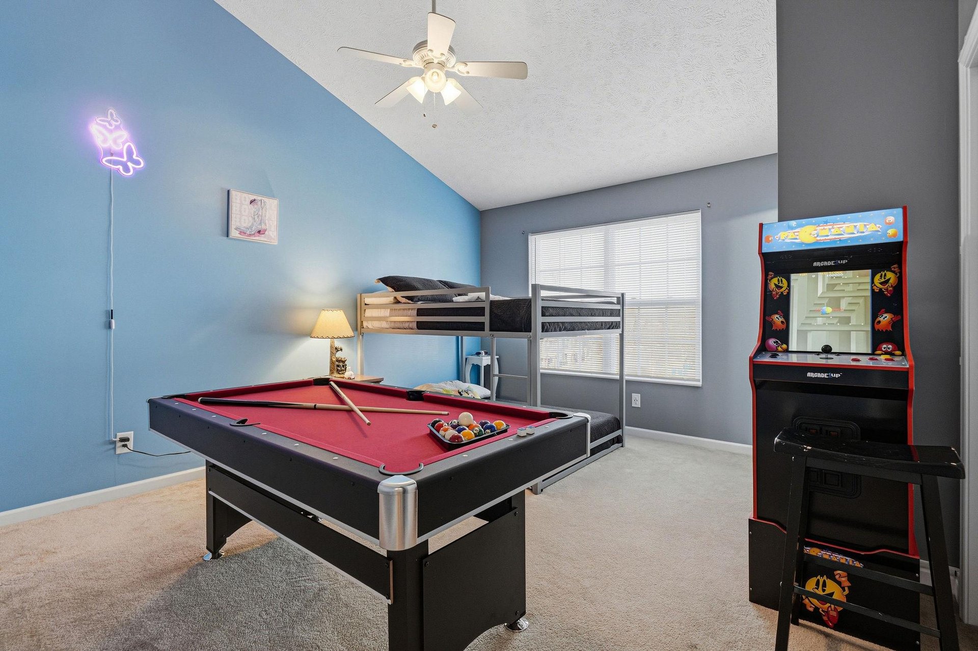 Challenge friends to pool or arcade games in your funfilled game room with bunk beds for extra guests.