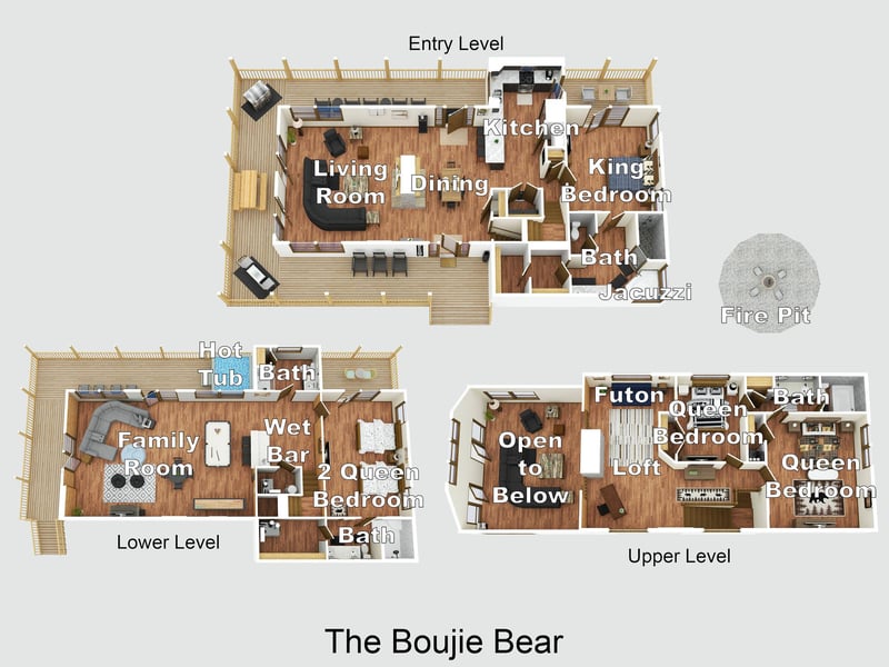 The Boujie Bear vacation rental features a welldesigned multilevel layout with comfortable living spaces, including a king bedroom, queen bedrooms, and a loft. Enjoy the hot tub, fire pit, and spaci