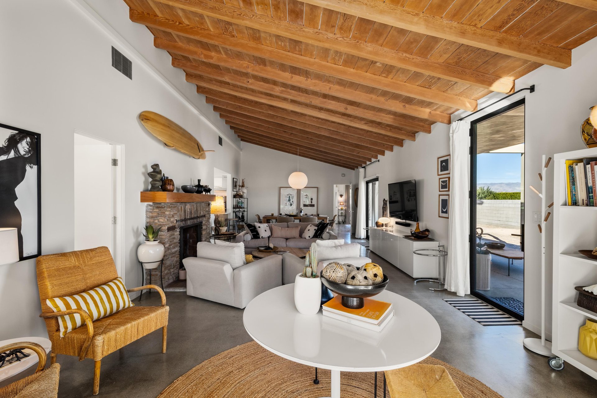 Stylish living room with wood beam ceilings