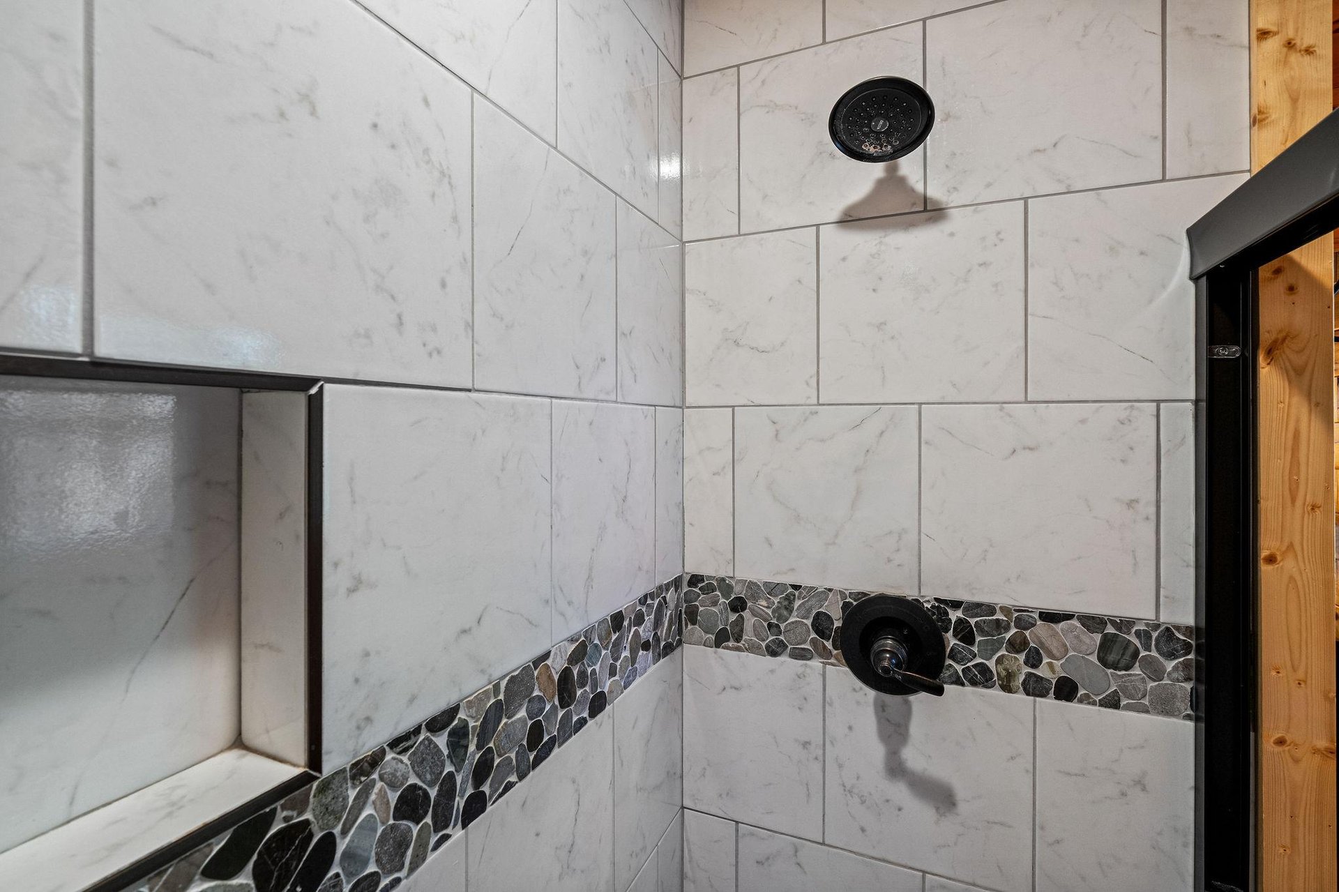 Marble tile walk in shower