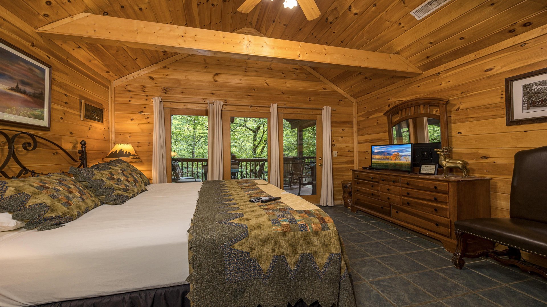 King bed with deck view