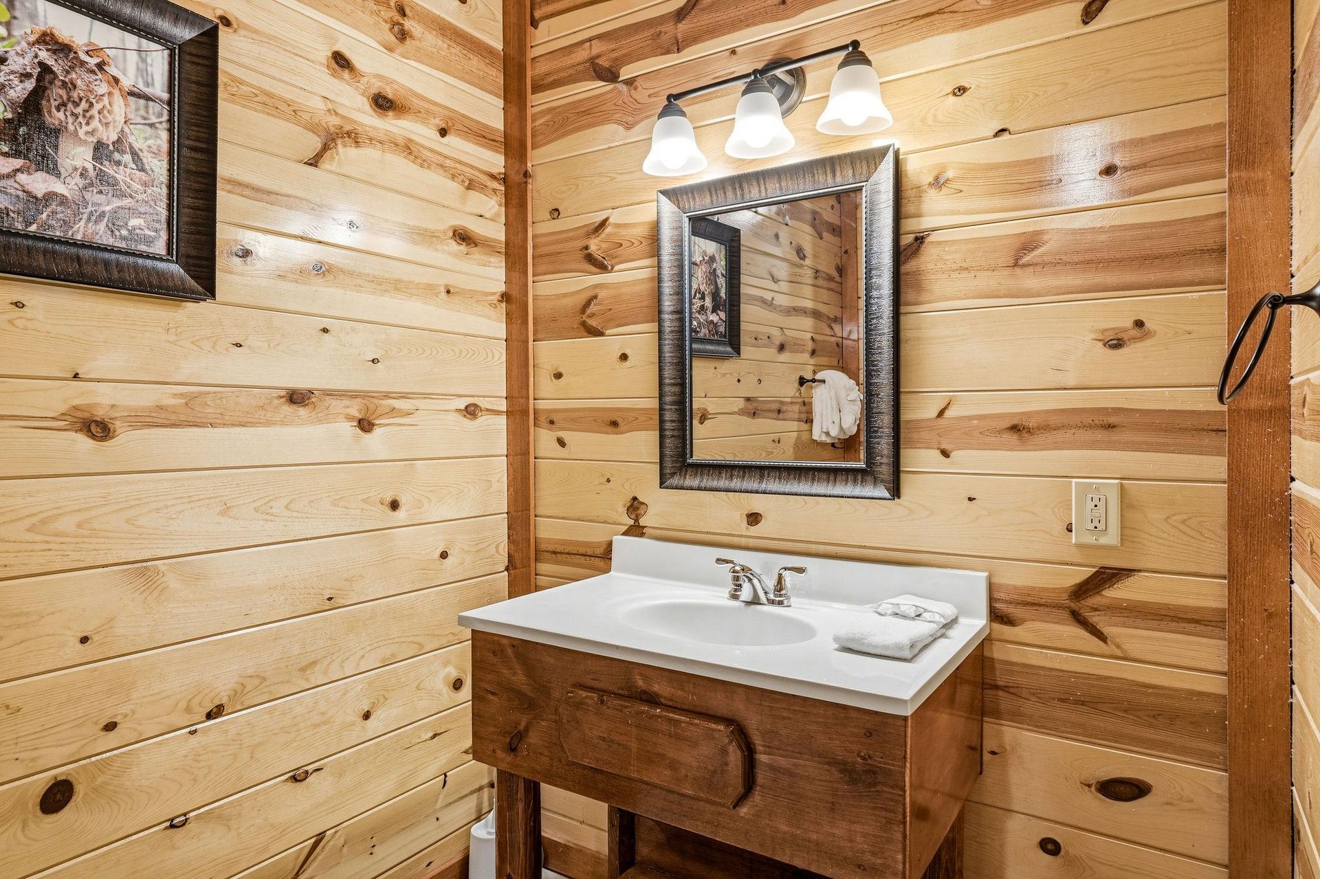 Step into your rustic bathroom sanctuary with warm pine walls, elegant vanity, and thoughtful touches that make you feel right at home.