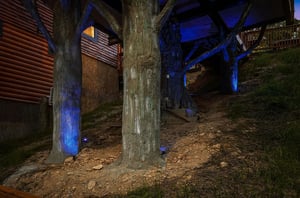 A woodsy cabin retreat illuminated by moonlight and decorative blue accent lighting, nestled among mature trees on a sloping hillside.