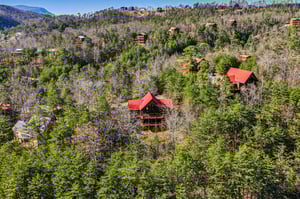 Aerial view of mountain cabins nestled among forested hills, showcasing the peaceful woodland setting of this vacation rental destination.