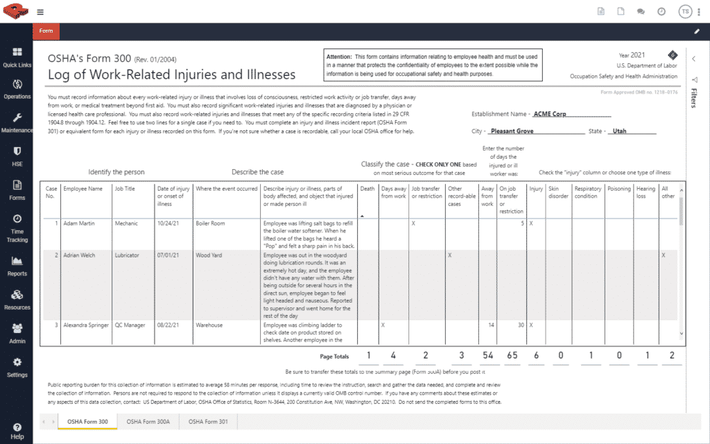 OSHA 300 Report