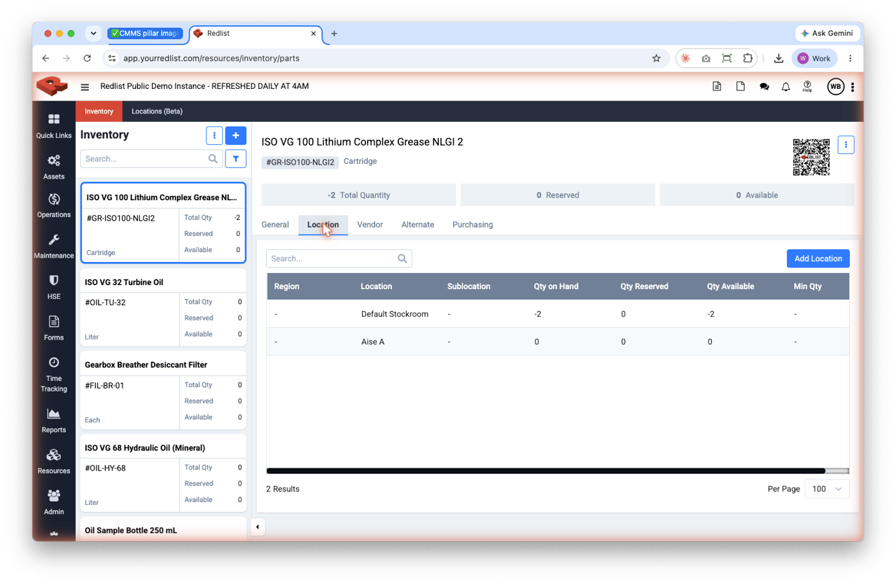 Parts inventory with low-stock alerts and PO generation