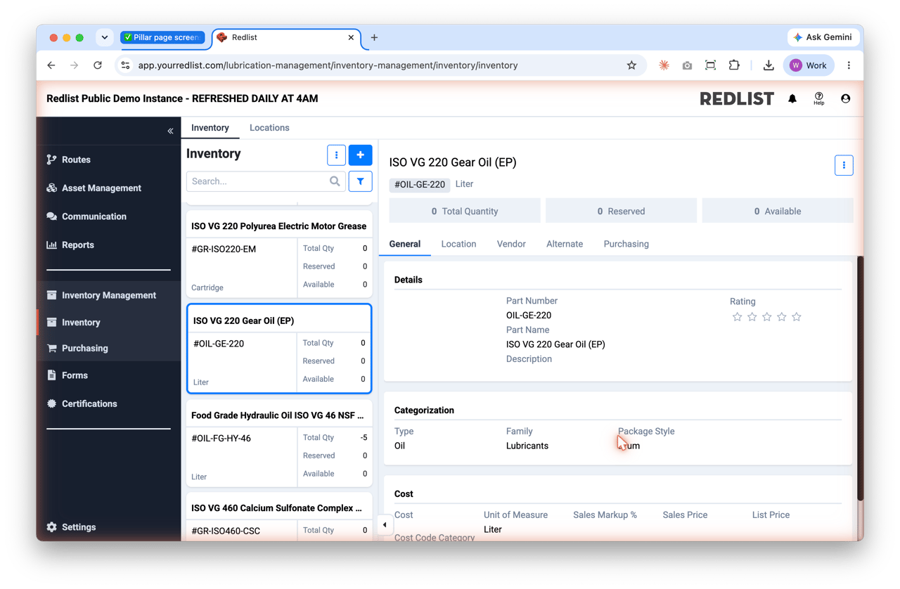Lubricant inventory with consumption tracking and PO generation