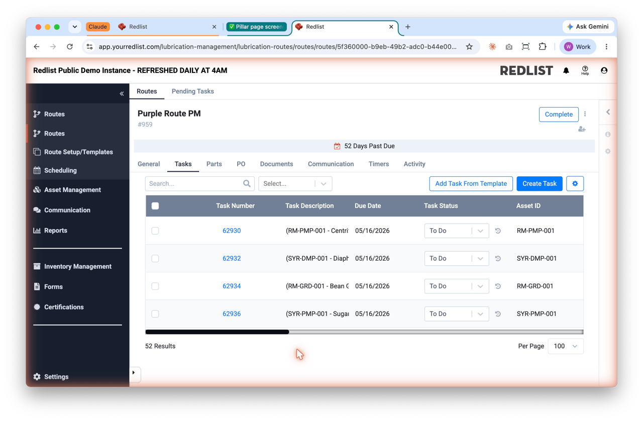 Operator basic care task list with asset hierarchy context