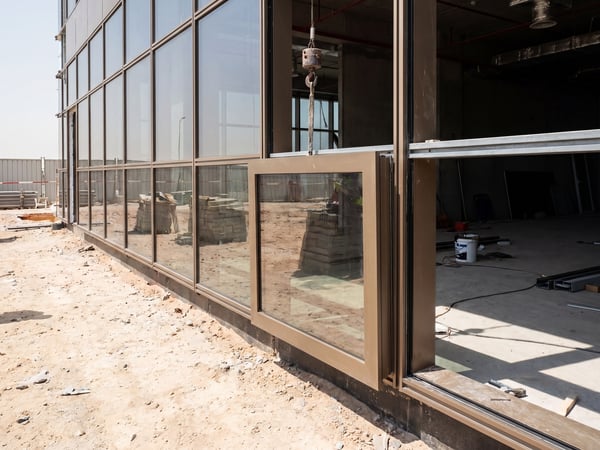 Installer fitting an aluminum curtain-wall panel on site