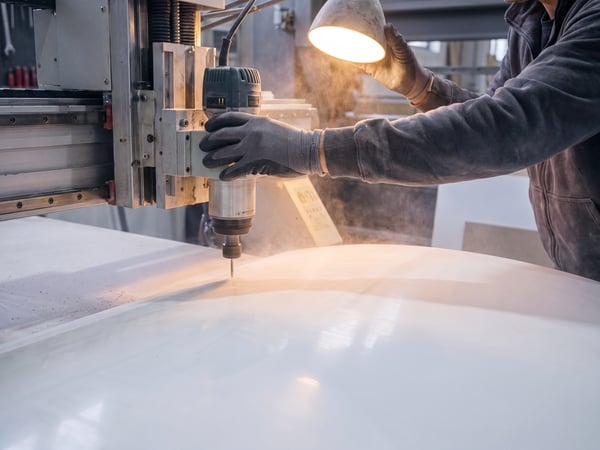Fabricator shaping a solid-surface panel in the workshop