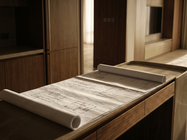 Technical architectural drawings and scale model