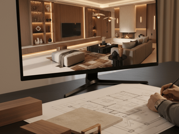 Architect reviewing a 3D interior visualization