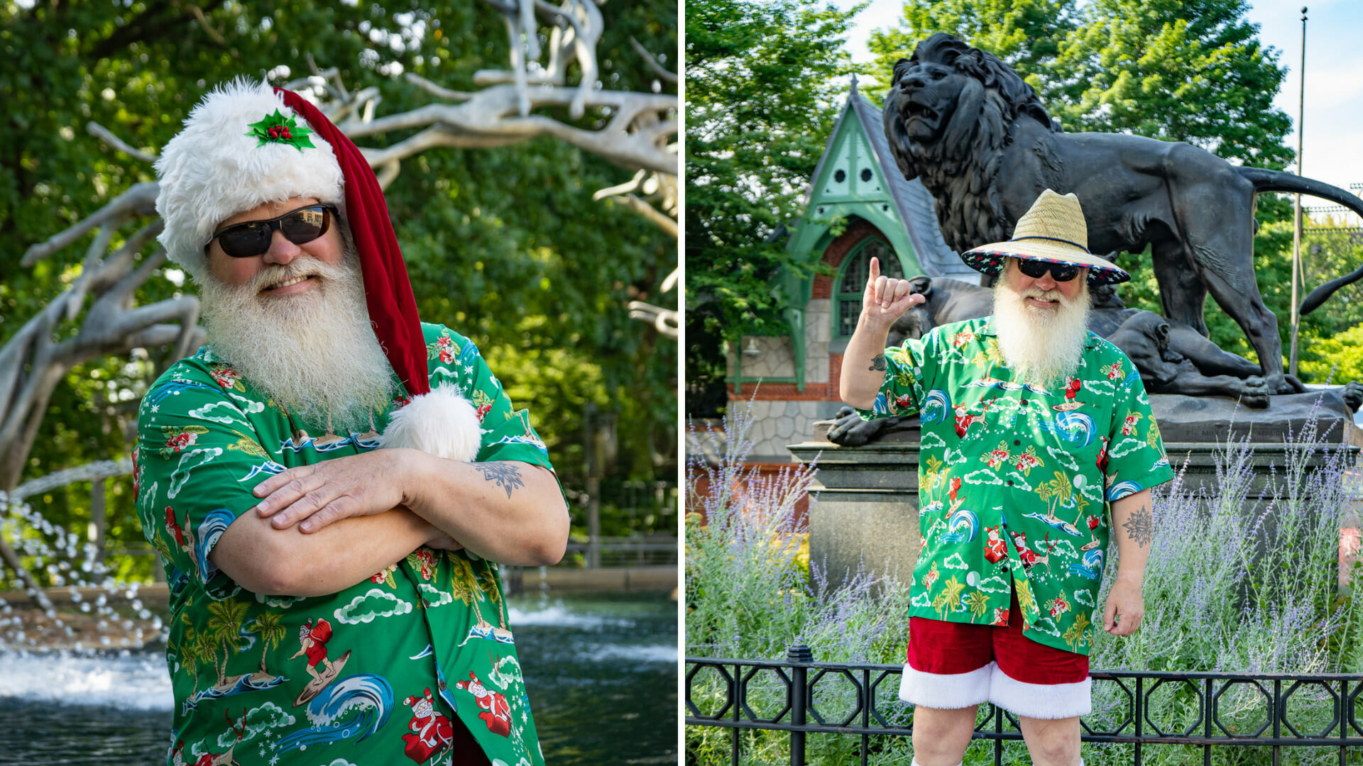 Santa poses in front of the Zoo's main entrance during Christmas in July at Philadelphia Zoo.