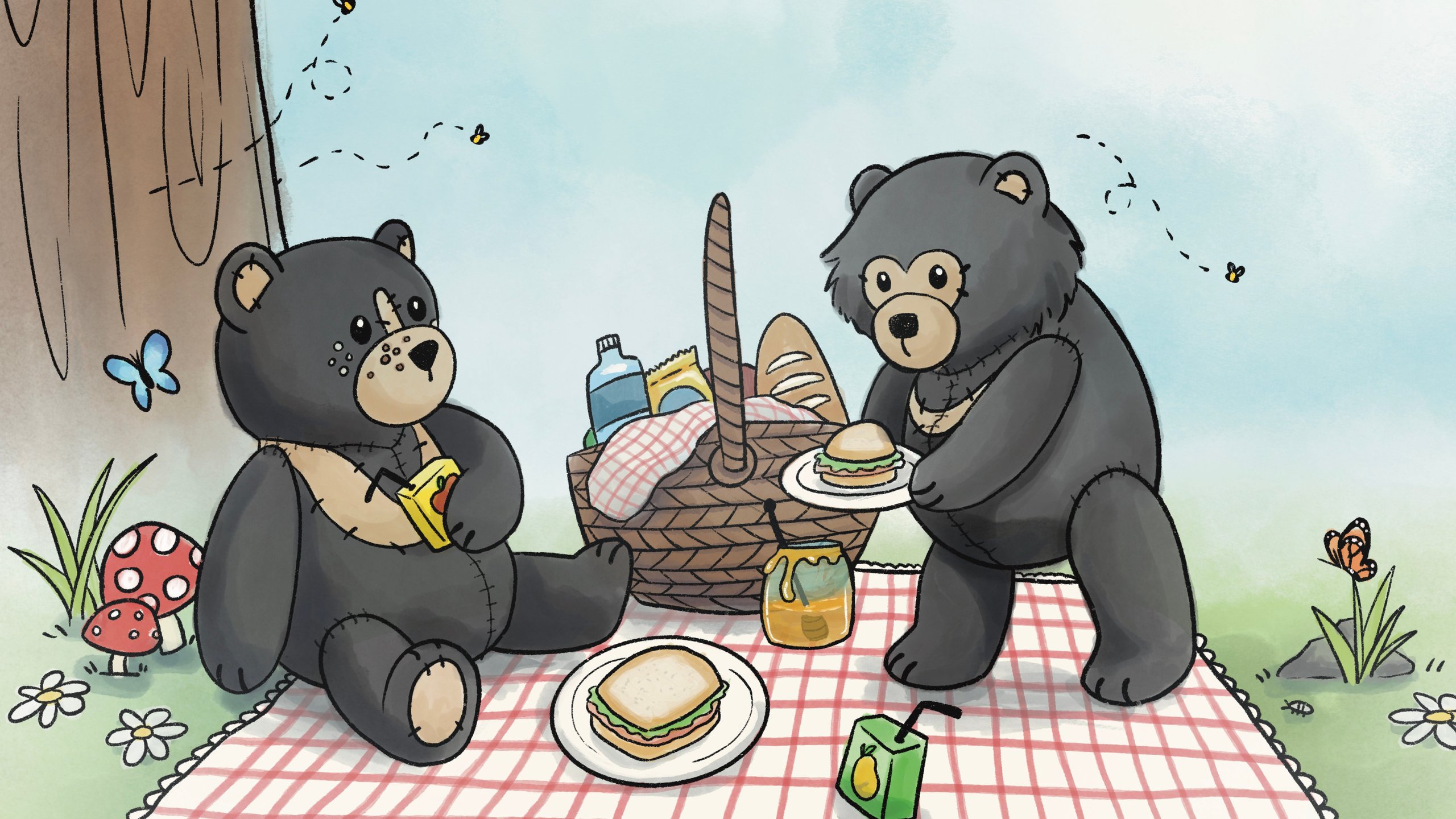 An illustration of two teddy bears (a sloth bear and an Andean bear) enjoying a picnic together on a checkered blanket.