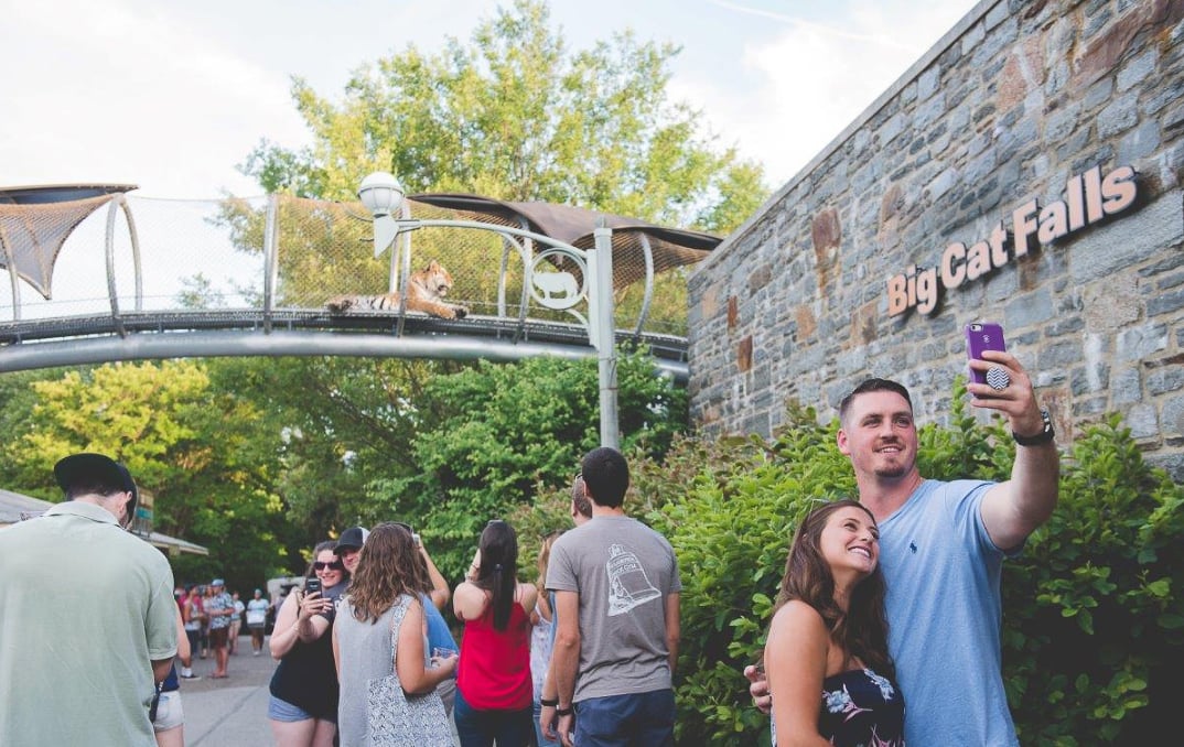 A couple poses for a selfie outside of Big Cat Falls at Philadelphia Zoo during Summer Ale Festival.