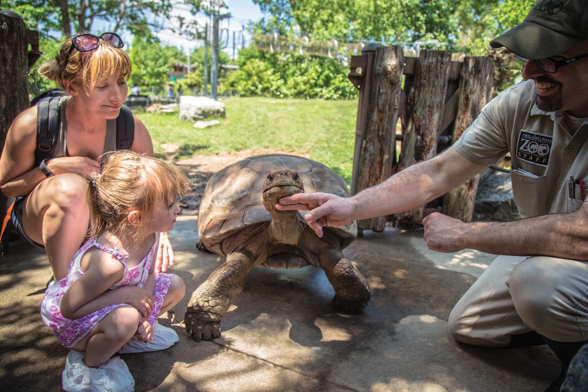 A family enjoys a behind-the-scenes experience at Philadelphia Zoo with a Galapagos tortoise and a keeper.