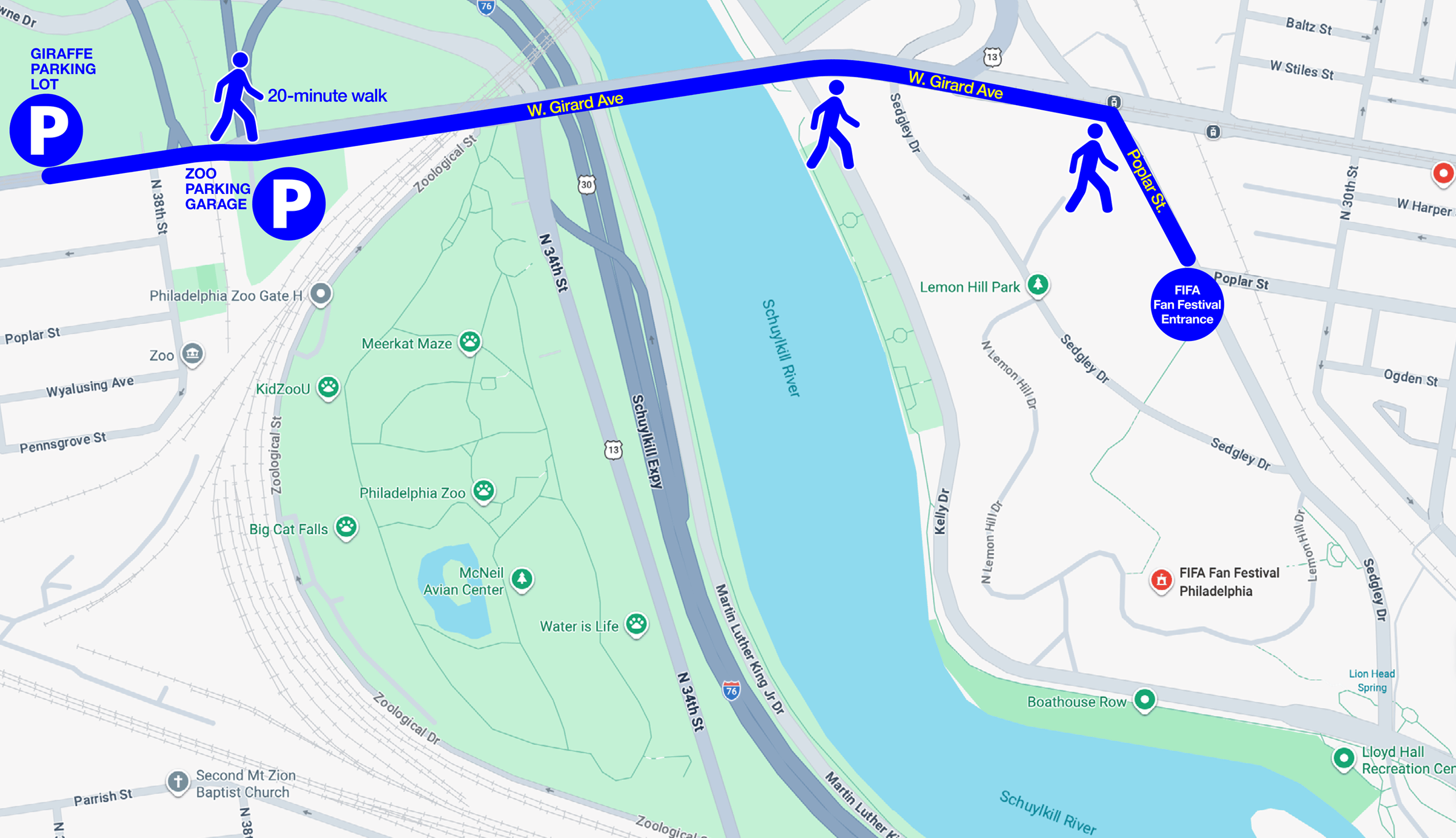 A visual map of the parking lots available to guests attending FanFest and the walk from the Zoo to the festival.