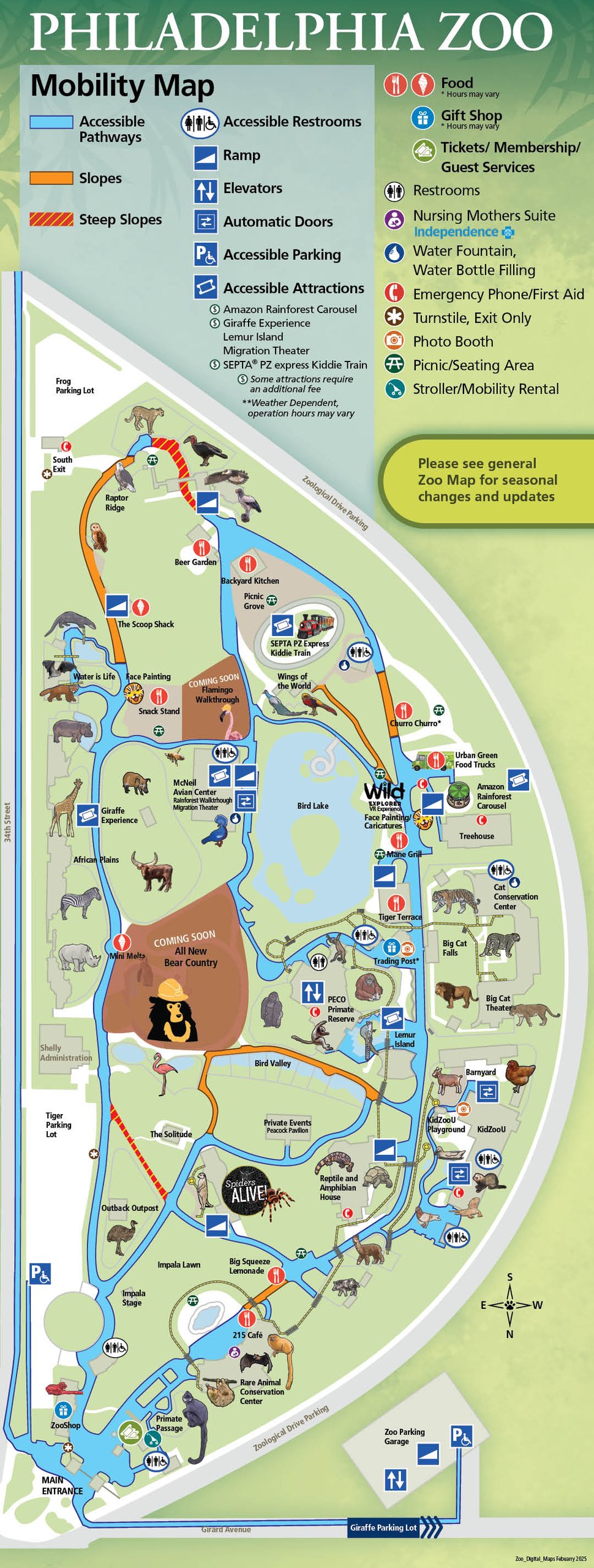 A visual mobility map of the Philadelphia Zoo. For assistance navigating the Zoo, please contact our team.