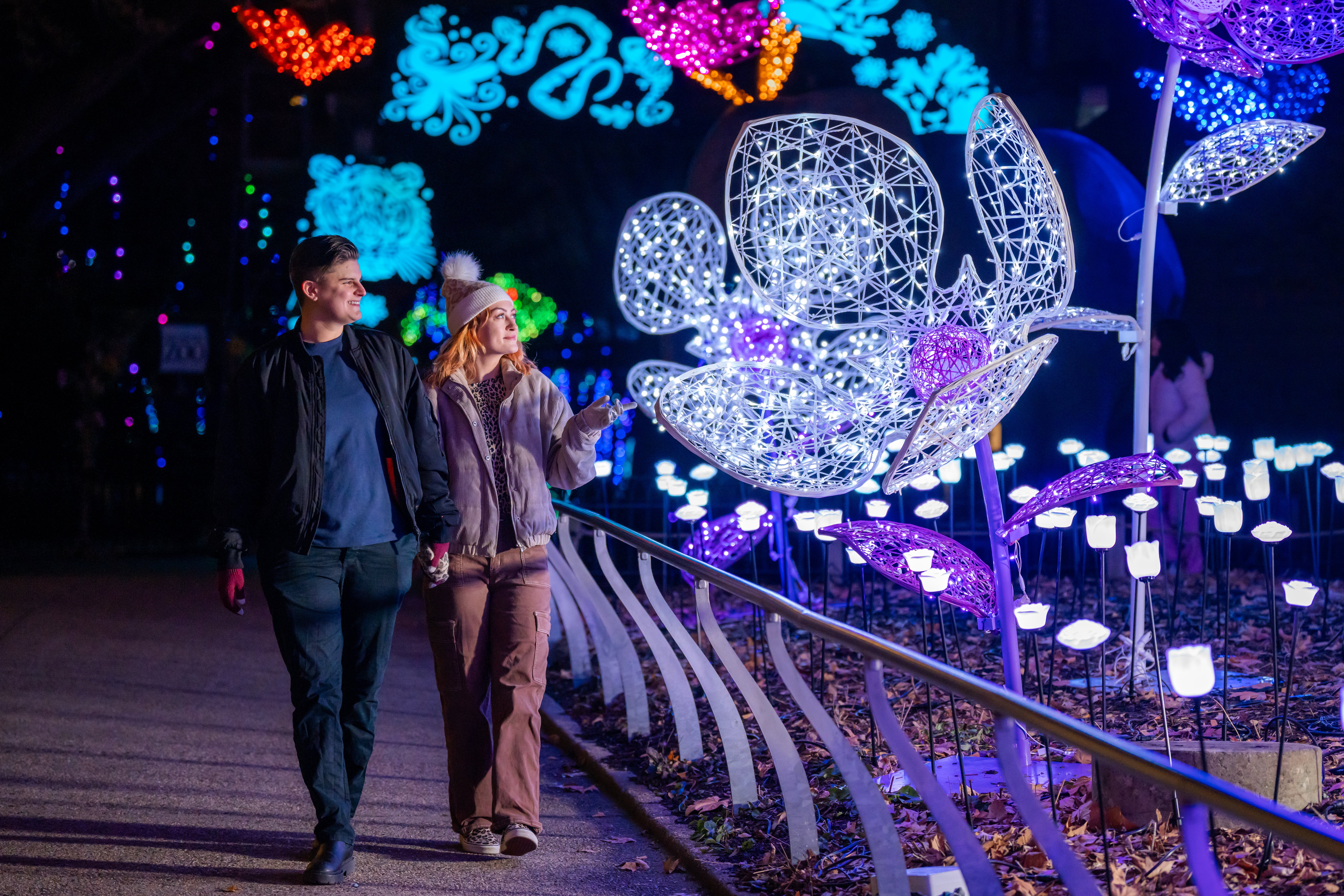 A couple walks down the main path at LumiNature, Philadelphia Zoo's holiday light show.