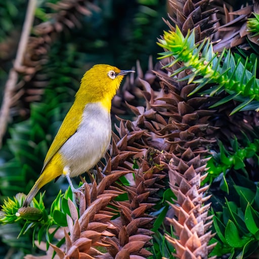 Close up of a Indian white eye perched atop a tree branch.