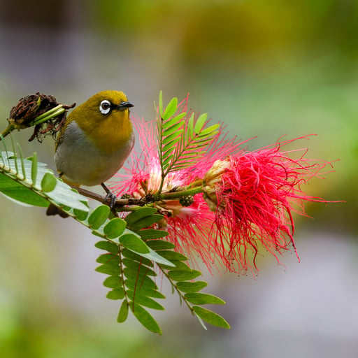 An Indian White-Eye perches atop a tree branch.