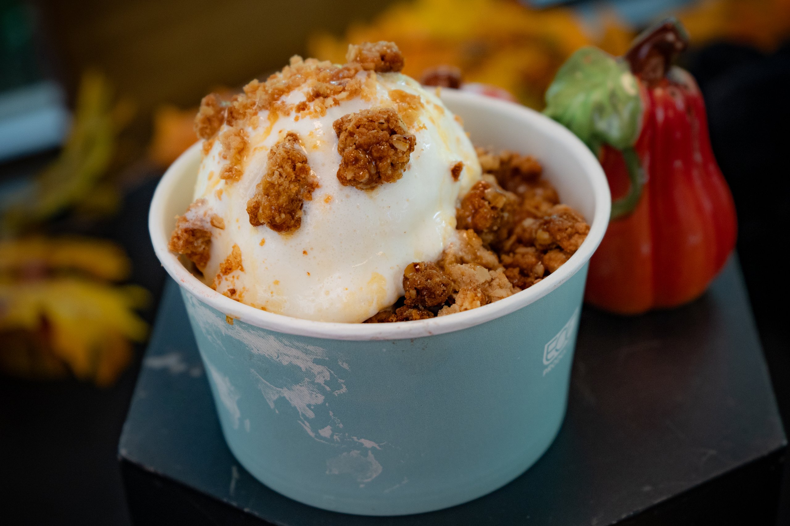A scoop of vanilla ice cream with crumble topping, served as part of the special food options during Boo at the Zoo at Philadelphia Zoo.