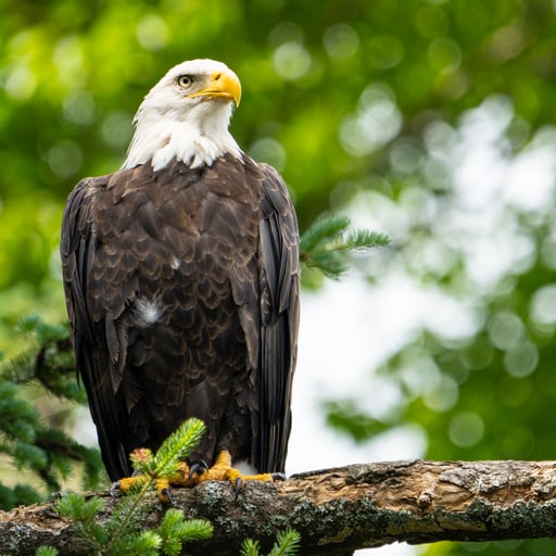 A bald eagle (haliaeetus leucocephalus) perched high in a tree over a lake in a national park.