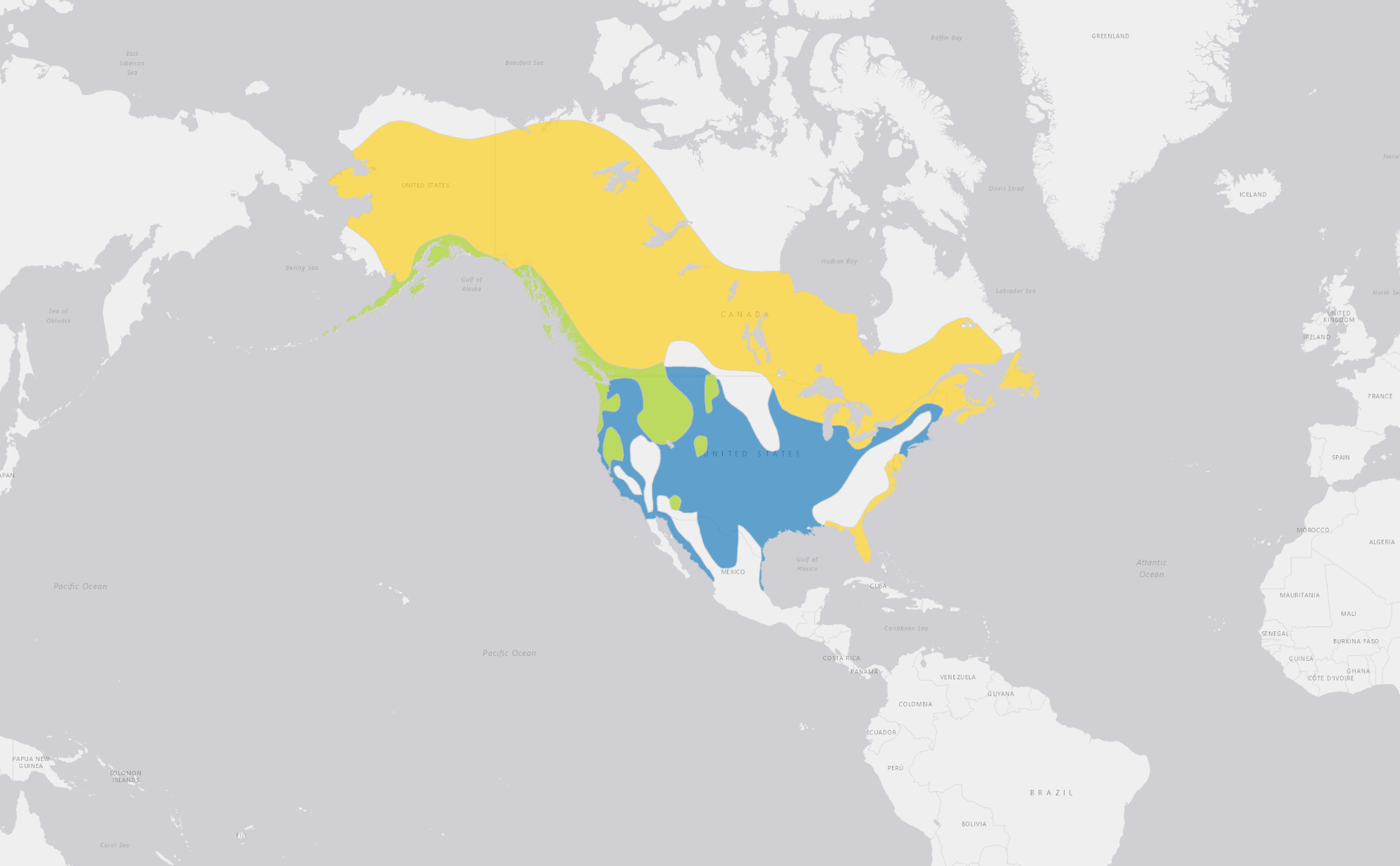 A visual map of the range of bald eagles, which includes the United States, Canada, Alaska, and parts of Mexico.