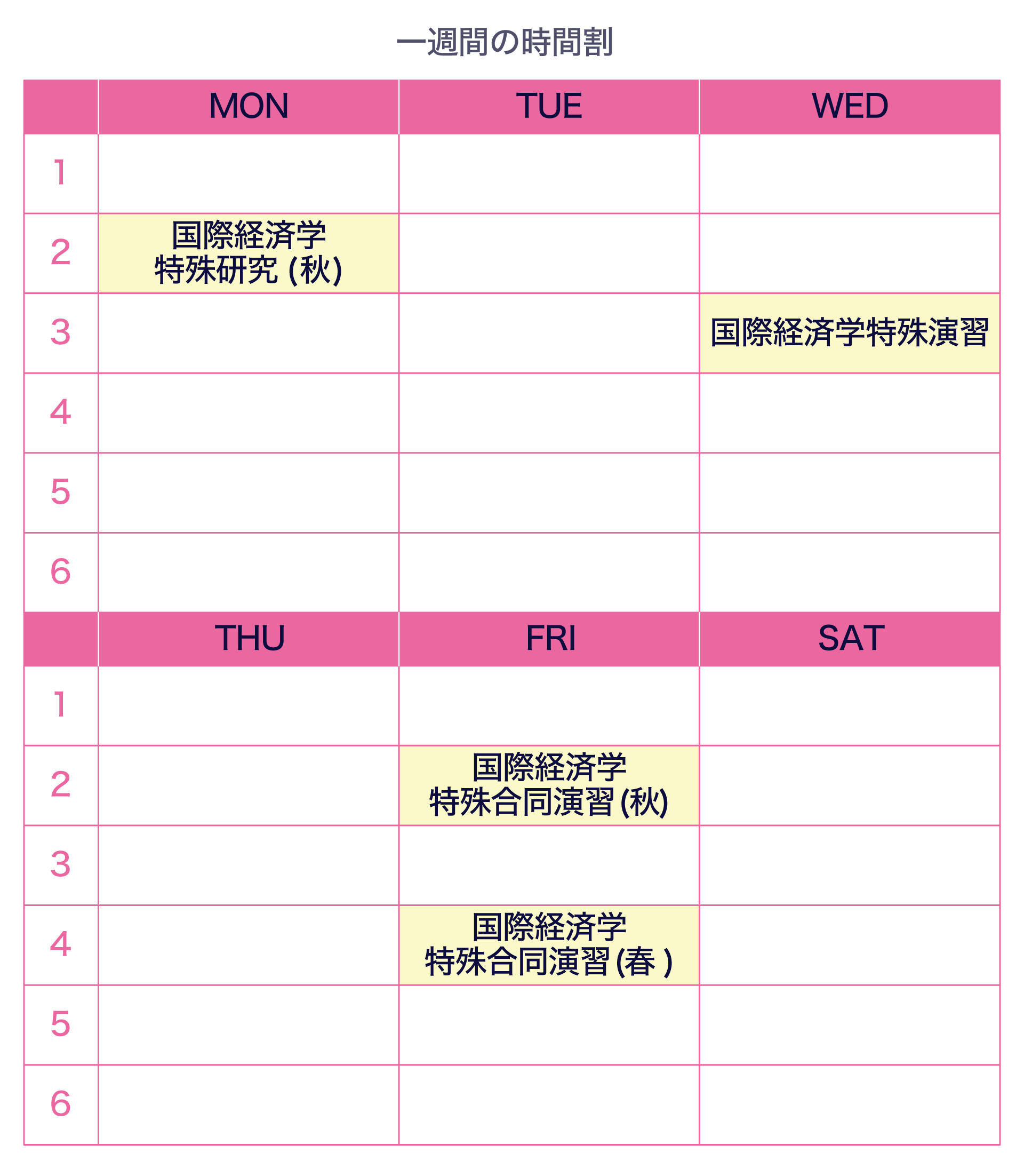 一週間の時間割。宋さんは月曜日の2限に国際経済学特殊研究（秋）、水曜日の3限に国際経済学特殊演習の授業を履修、金曜日、春学期は4限に、秋学期は2限に、国際経済学特殊合同演習を履修していました。