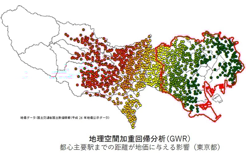 Geographically Weighted Regression (GWR): The effect of distance to major city center stations on land prices (Tokyo)