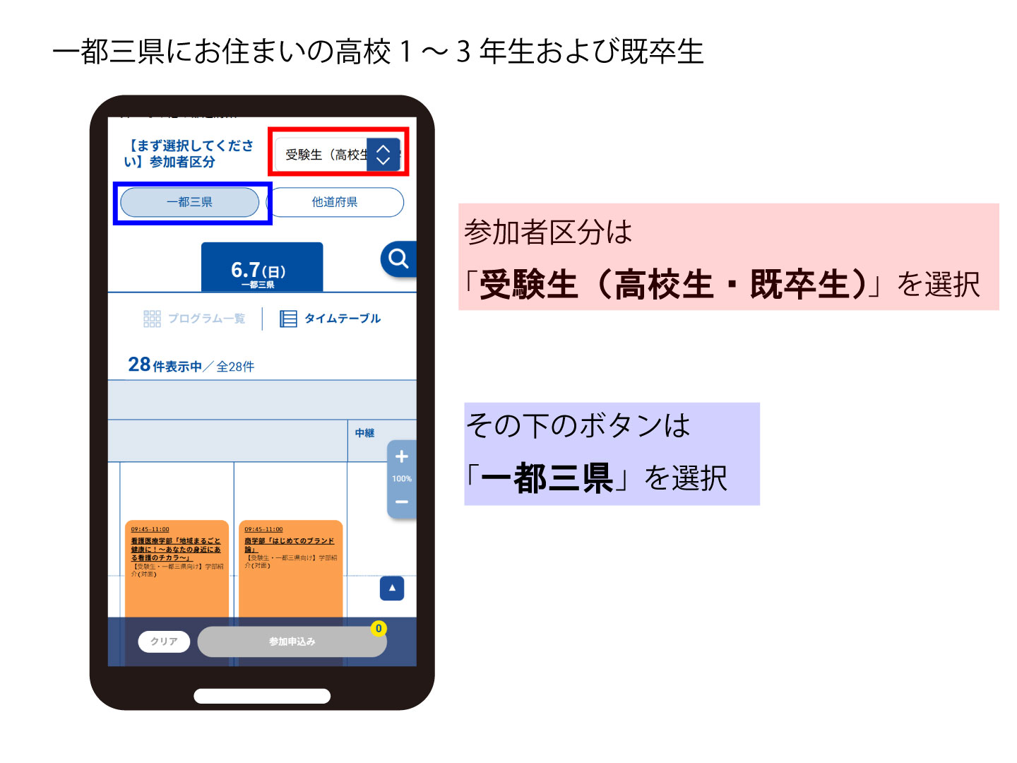 申込フォームの画像。参加者区分は「受験生（高校生・既卒生）」を選択し、「一都三県」のボタンをクリックしてください。