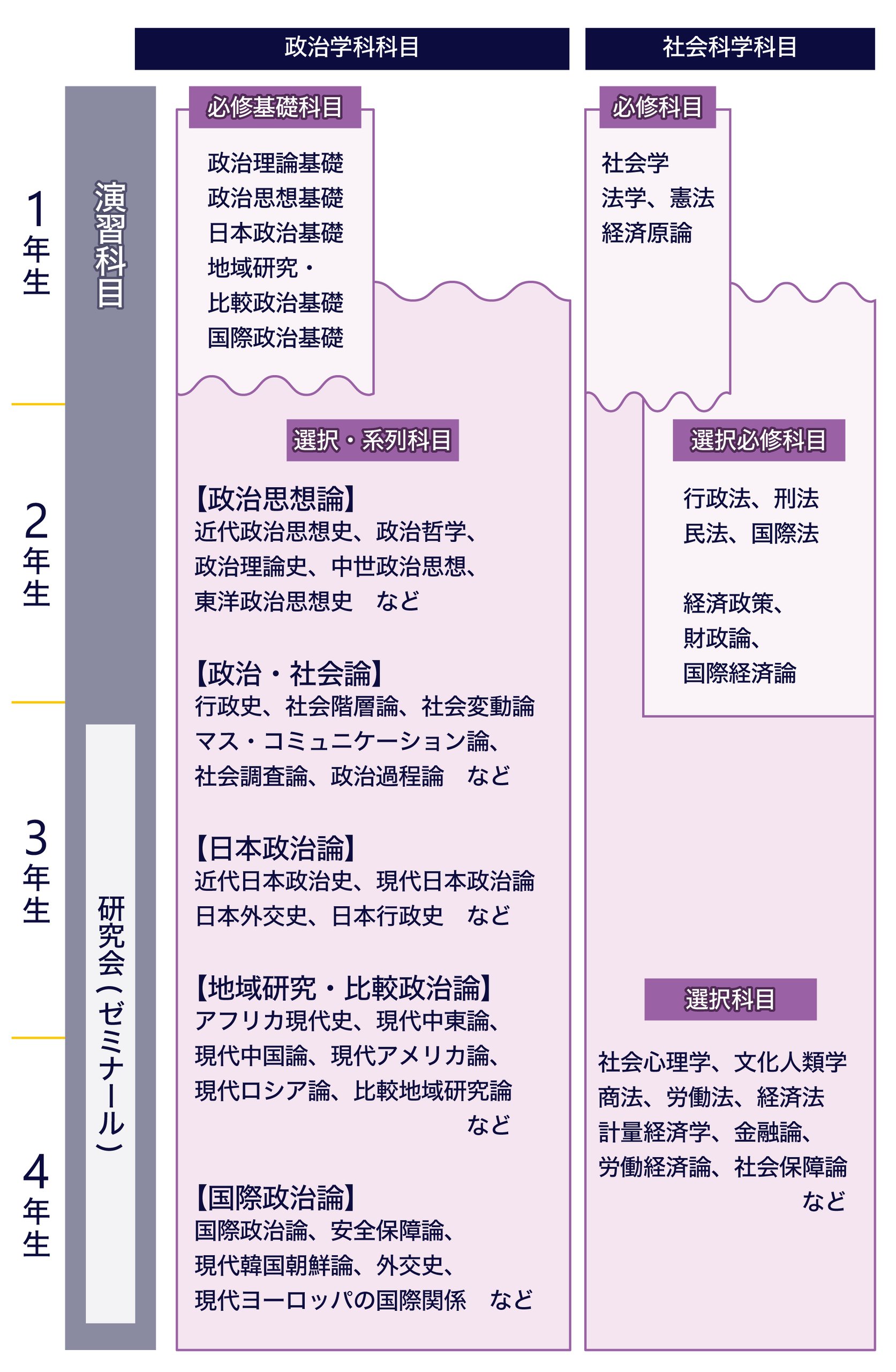 慶應義塾大学法学部政治学科のカリキュラムの流れを図にしたものです。