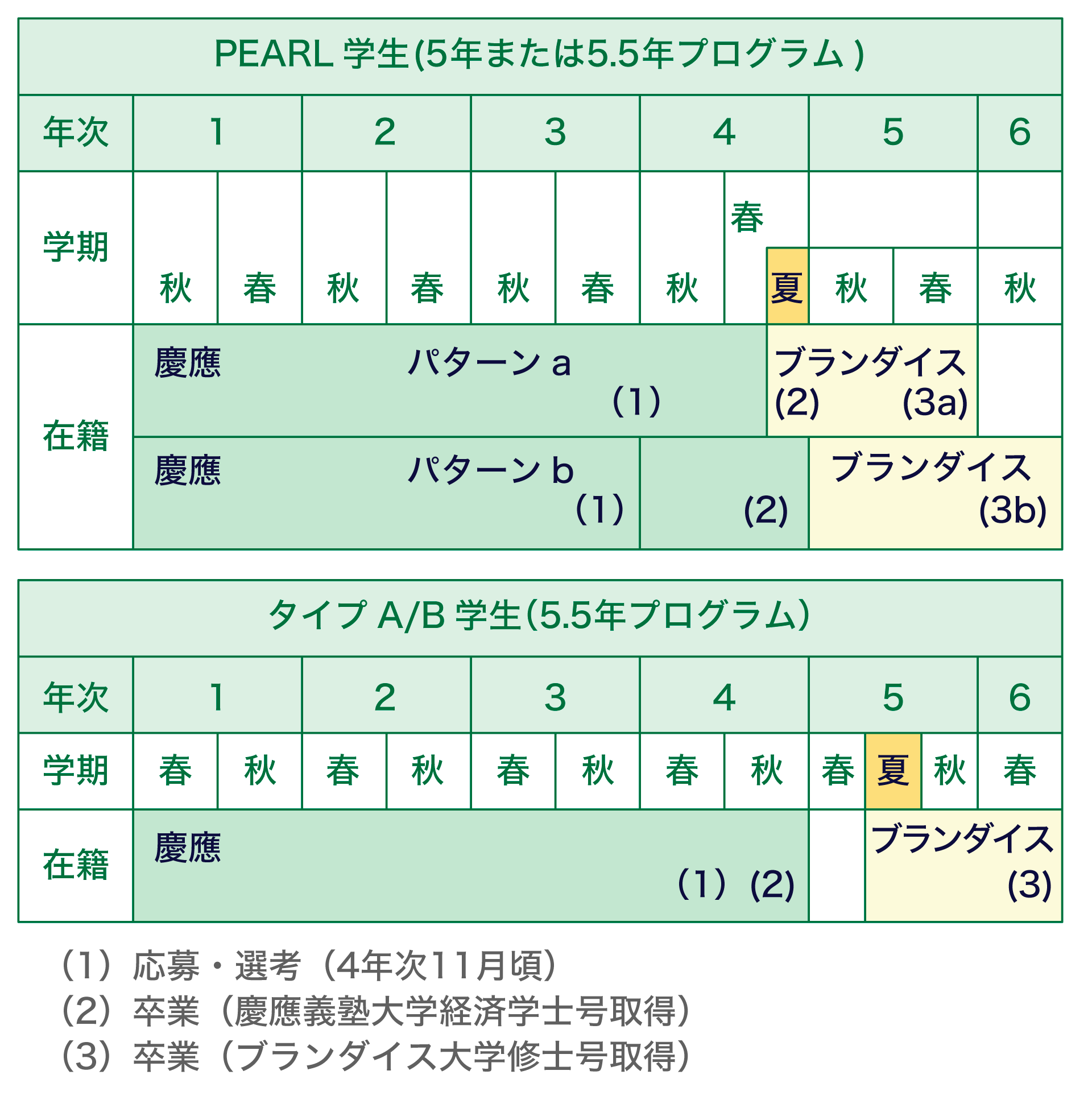 上の図はPEARL生がアメリカのブランダイス大学との学部・修士プログラムに参加した場合のスケジュールを表しています。パターンaは5年プログラムで、1〜3年次を慶應で過ごし、4年次11月頃に応募・選考、4年次春学期に卒業、慶應義塾大学経済学士号取得し、4年次夏、5年次をブランダイスで学び、5年次春学期に卒業、ブランダイス大学修士号取得となります。パターンbは5.5年プログラムで、1〜3年次を慶應で過ごし、4年次11月頃に応募・選考、4年次春学期に卒業、慶應義塾大学経済学士号取得し、5年次、6年次秋学期をブランダイスで学び、6年次秋学期に卒業、ブランダイス大学修士号取得となります。下の図はタイプA/B生が参加した場合のスケジュールで、この場合は5.5年プログラムとなります。4年次11月頃に応募・選考、3月に慶應義塾大学を卒業して経済学士号を取得し、5年次夏・秋学期、6年次春学期をブランダイスで学び、6年次春学期に卒業、ブランダイス大学の修士号を取得します。