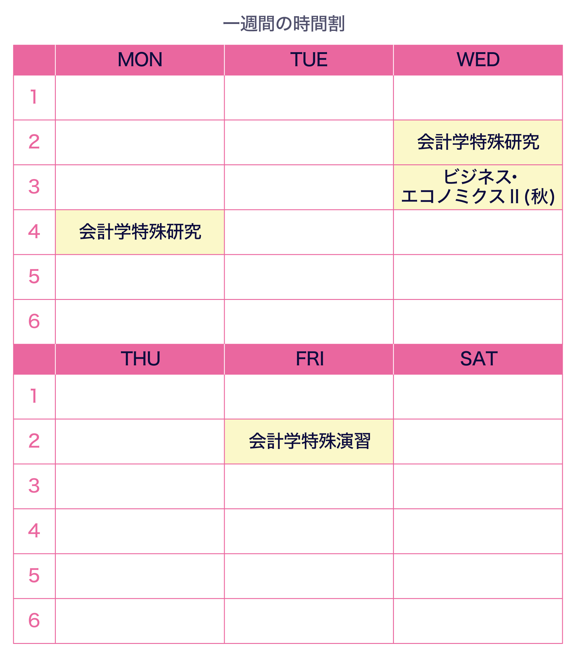 一週間の時間割。近藤さんは月曜日4限に会計学特殊研究の授業があり、水曜日の2限に会計学特殊研究、3限にビジネス・エコノミクスⅡ秋、を履修、金曜日の2限に会計学特殊演習を履修しています。