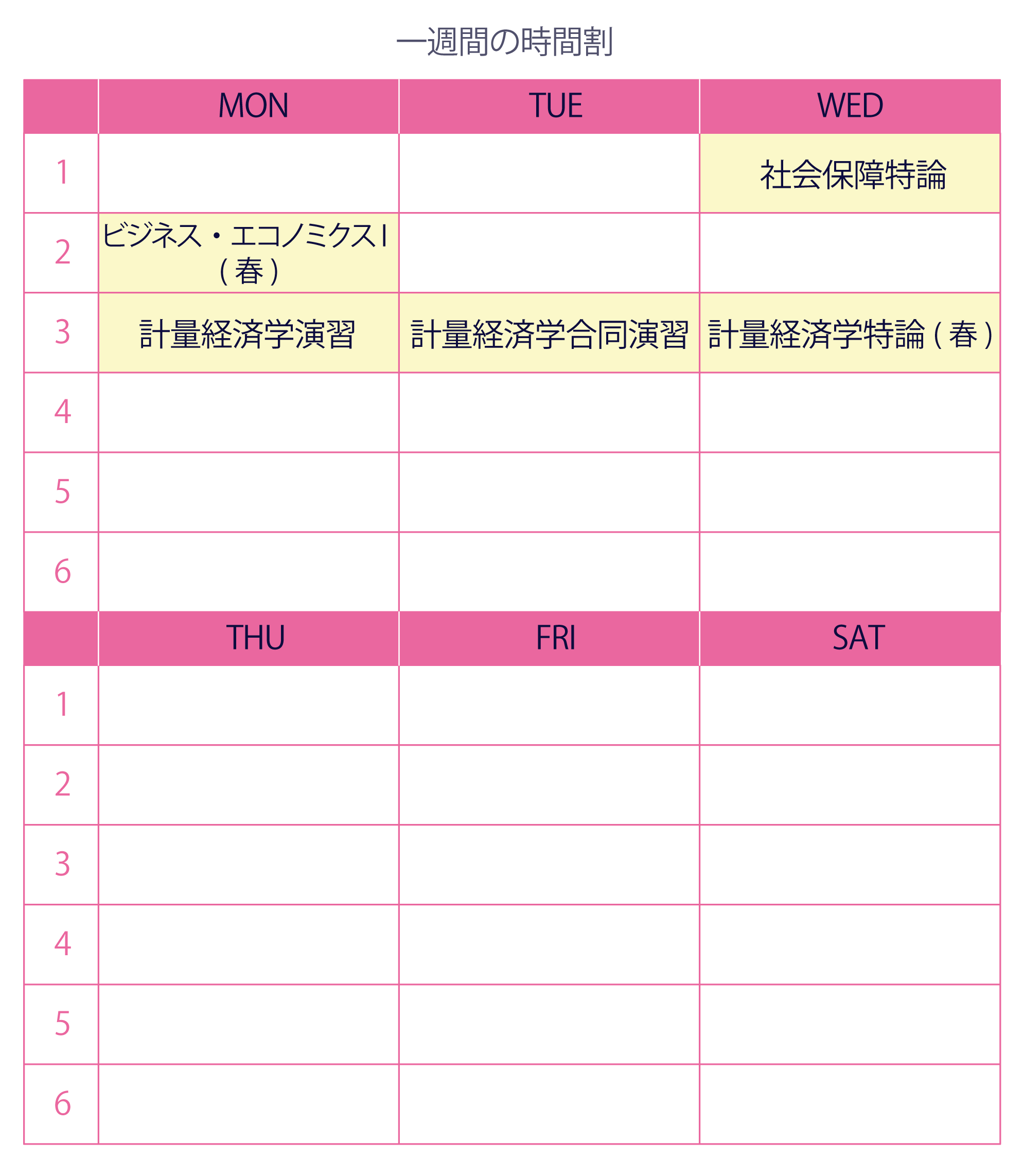 一週間の時間割。青田さんは月曜日の2限にビジネスエコノミクスⅠ（春学期のみ）、3限に計量経済学演習を履修、水曜日の3限に計量経済学合同演習を履修、水曜日1限に社会保障特論、春学期は3限に計量経済学特論を履修していました。