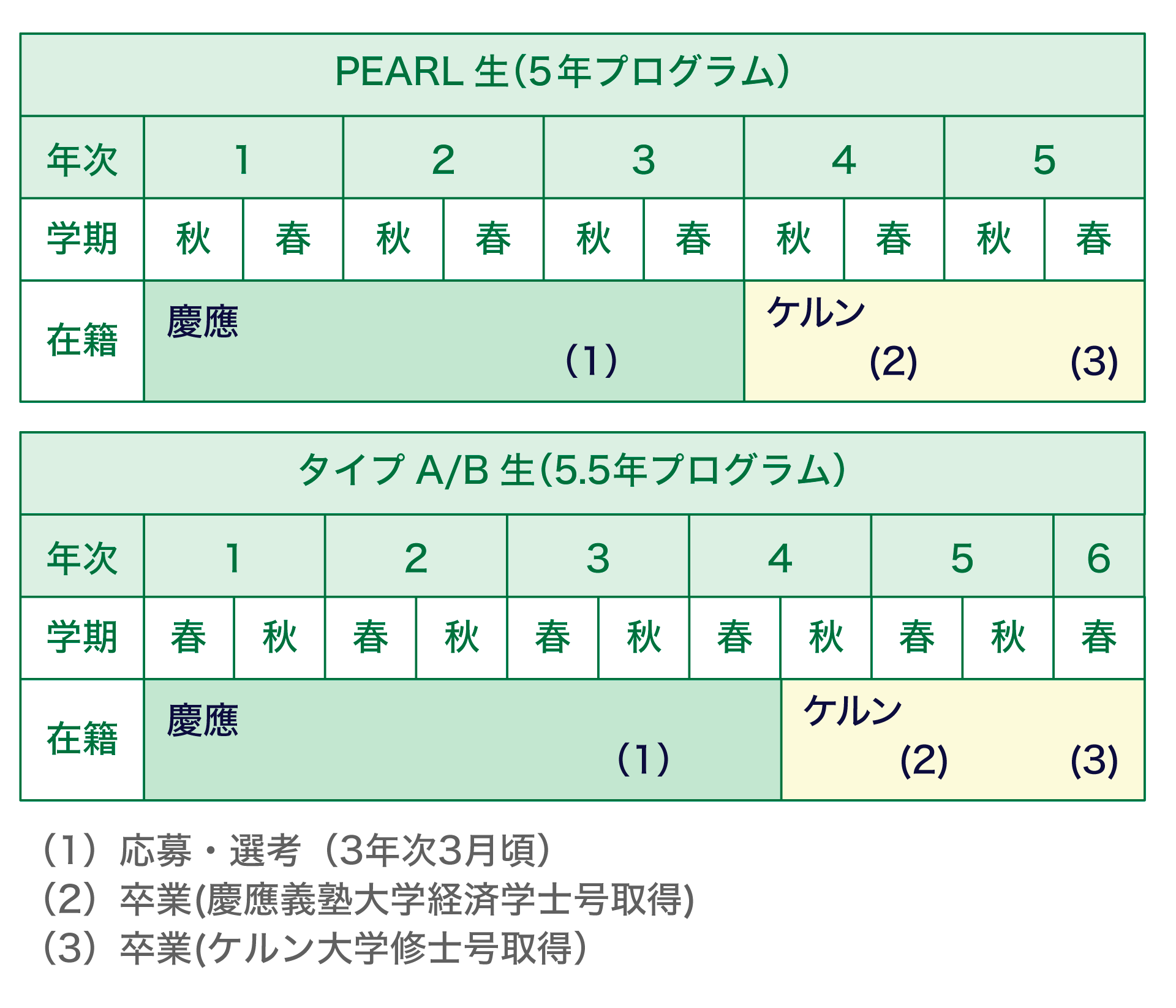ドイツにあるケルン大学との学部・修士5.5年プログラムに参加する場合のスケジュールです。上の表はPEARL生のもので、5年プログラムとなります。1〜3年次を慶應で学び、3年次3月頃に応募・選考。4年次春学期に卒業し、慶應義塾大学経済学士号取得。4、5年次はケルンで学び、5年次春学期に卒業、ケルン大学修士号取得。下の表はタイプA/B生のもので、5.5年プログラムとなります。1〜4年春学期までを慶應で学び、3年次3月頃に応募・選考。4年春学期から6年次春学期をケルンで学びます。6年次春学期に卒業、ケルン大学修士号取得。