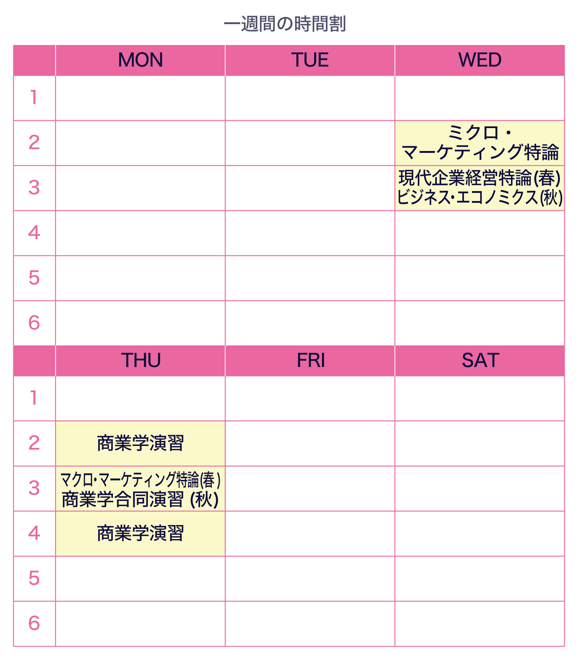 林さんの1週間の時間割です。水曜日の2限にミクロ・マーケティング特論を履修、3限に、春学期は現代企業経営特論を、秋学期にはビジネス・エコノミクスⅡを履修。木曜日2限に商業学演習、3限は春学期はマクロ・マーケティング特論、秋には商業学合同演習、4限には商業学演習を履修していました。