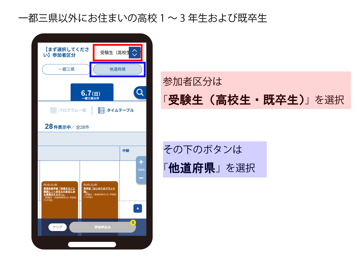 申込フォームの画像。参加者区分は「受験生（高校生・既卒生）」を選択し、「他道府県」のボタンをクリックしてください。