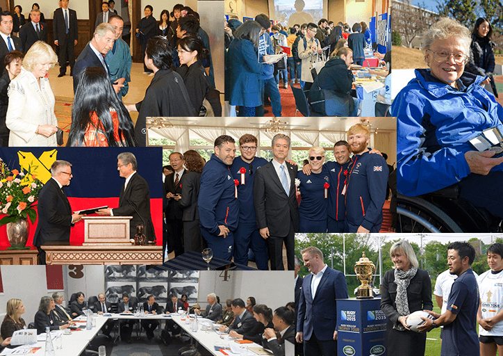 日本と英国の多岐にわたる交流シーンをまとめたコラージュ画像。 チャールズ国王（当時皇太子）とカミラ王妃の訪日時の様子、ラグビーワールドカップに関連するスポーツ交流、学術会議や学生向けの留学フェア、そして車椅子の女性や式典での授与式の様子など、政治・文化・教育・スポーツの各分野における日英の協力関係を示す7枚の写真で構成されています。