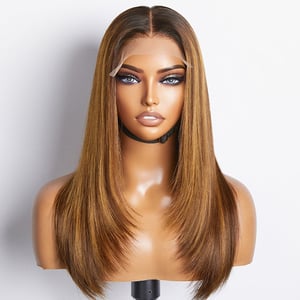 Gestufte Braun Blond Mischung 5x5 Spitzenperücke 100% Echthaar Vorgezupft
