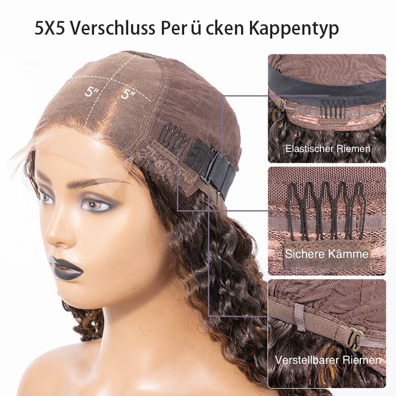 5×5-lace-closure-wigs-cap Wasserwellen Perücke 5x5 Spitzenperücke Seitenscheitel Kurzperücke 100% Echthaar