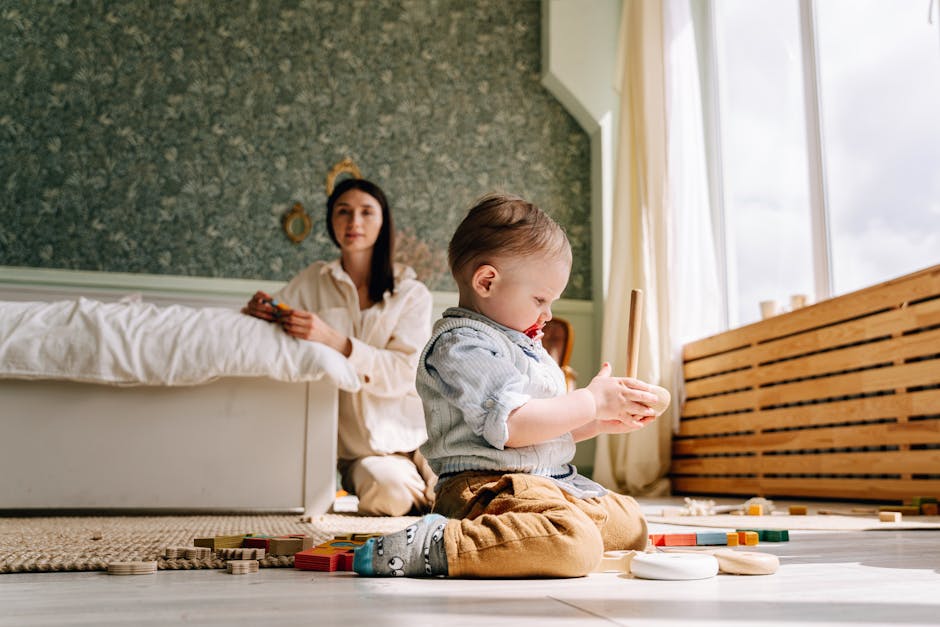 A mother and her child engage in mindful play with wooden toys in a bright, cozy room.