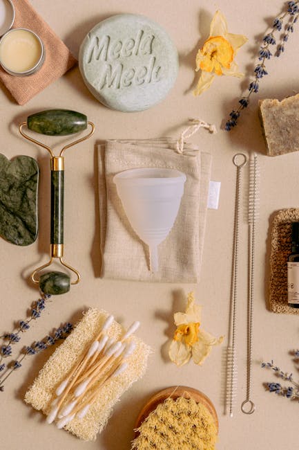 A collection of sustainable self-care items arranged in a minimalist flat lay.