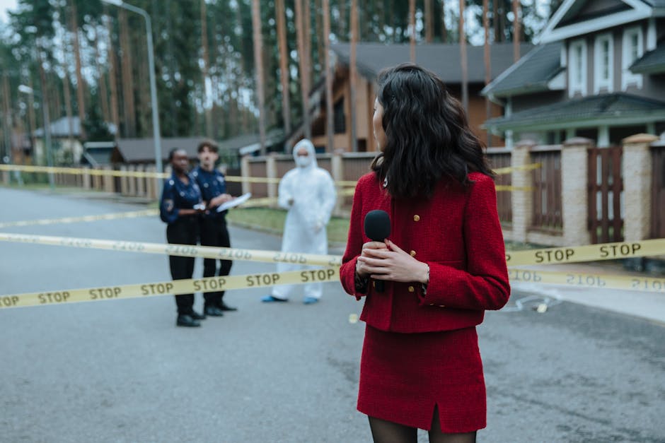 Reporter at a crime scene with police and forensic experts. Yellow caution tape visible.