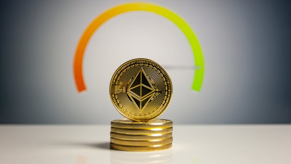 Stack of Ethereum coins with a color gradient background signifying cryptocurrency dynamics.