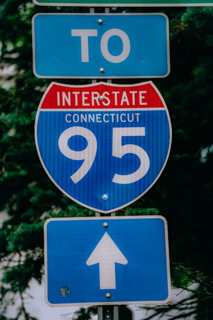 Clear view of a directional sign for Interstate 95 in Connecticut, USA.